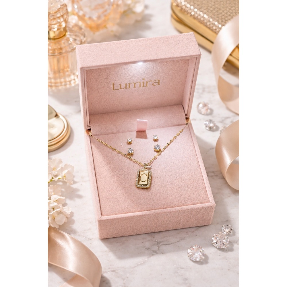 Lumira 14K Gold Plated Initial C Necklace and‎ Stud Earring Set with LED Box